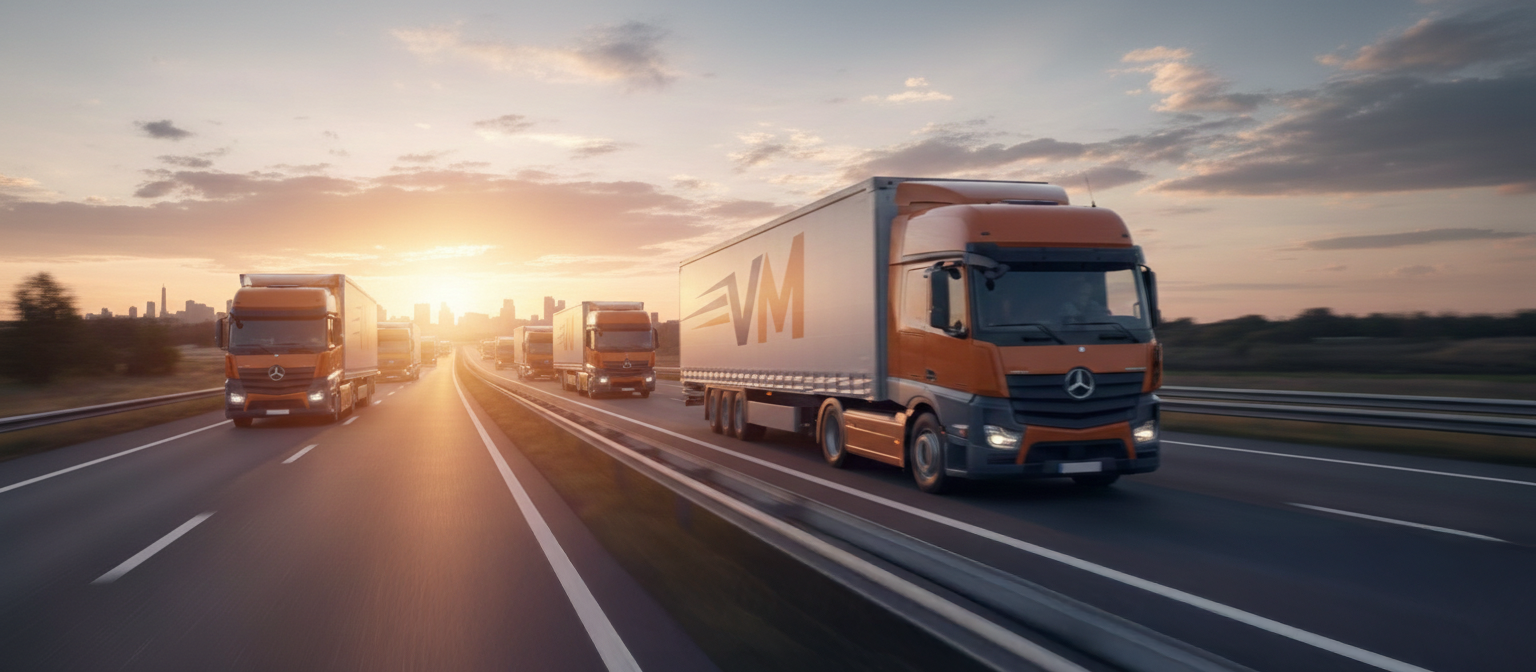 Hintergrundbild eines LKW auf der Autobahn bei Sonnenuntergang